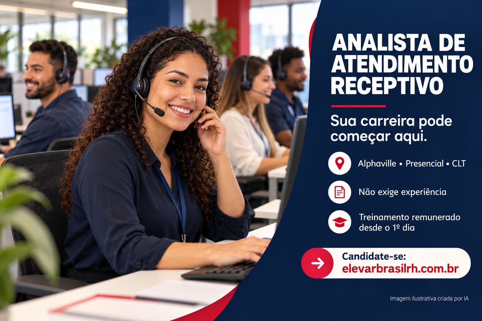 Arte de atendimento receptivo em Alphaville com profissionais fictícios usando headsets.