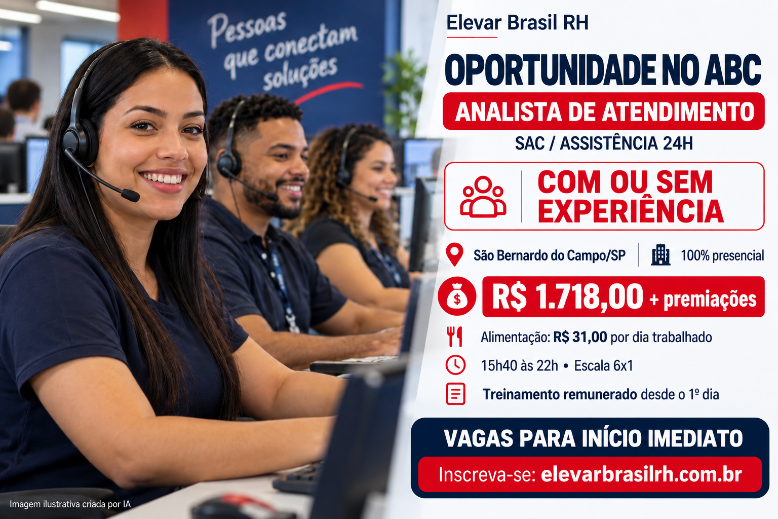 Arte de Analista de Atendimento SAC e Assistência 24H em São Bernardo do Campo; profissionais fictícios, trabalho presencial, com ou sem experiência.